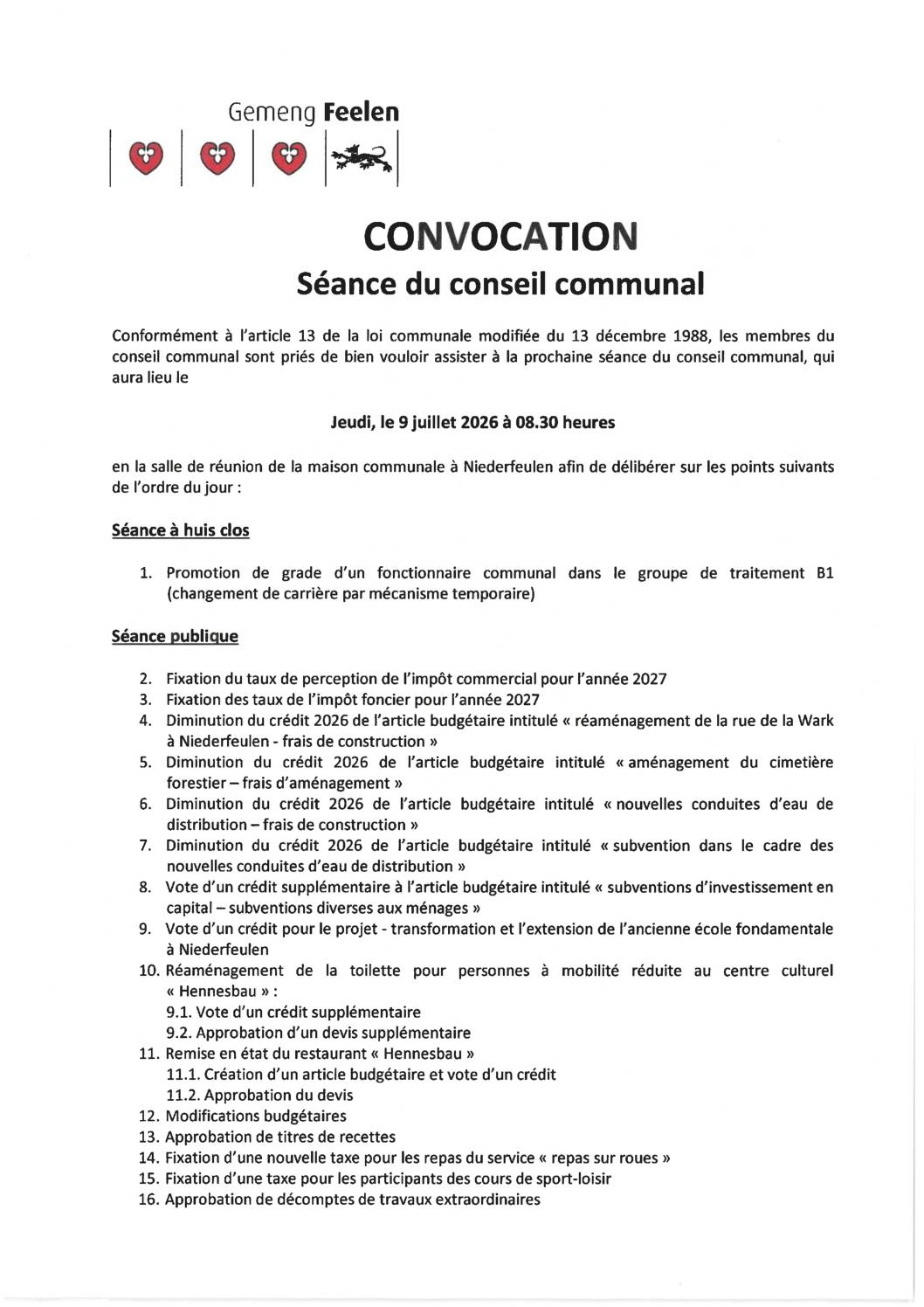 Convocation du conseil communal pour la séance du 09 juillet 2026