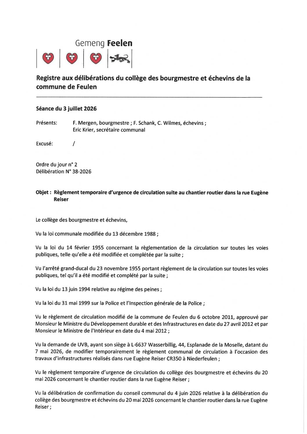 Règlement temporaire de circulation suite au chantier routier dans la rue Eugène Reiser