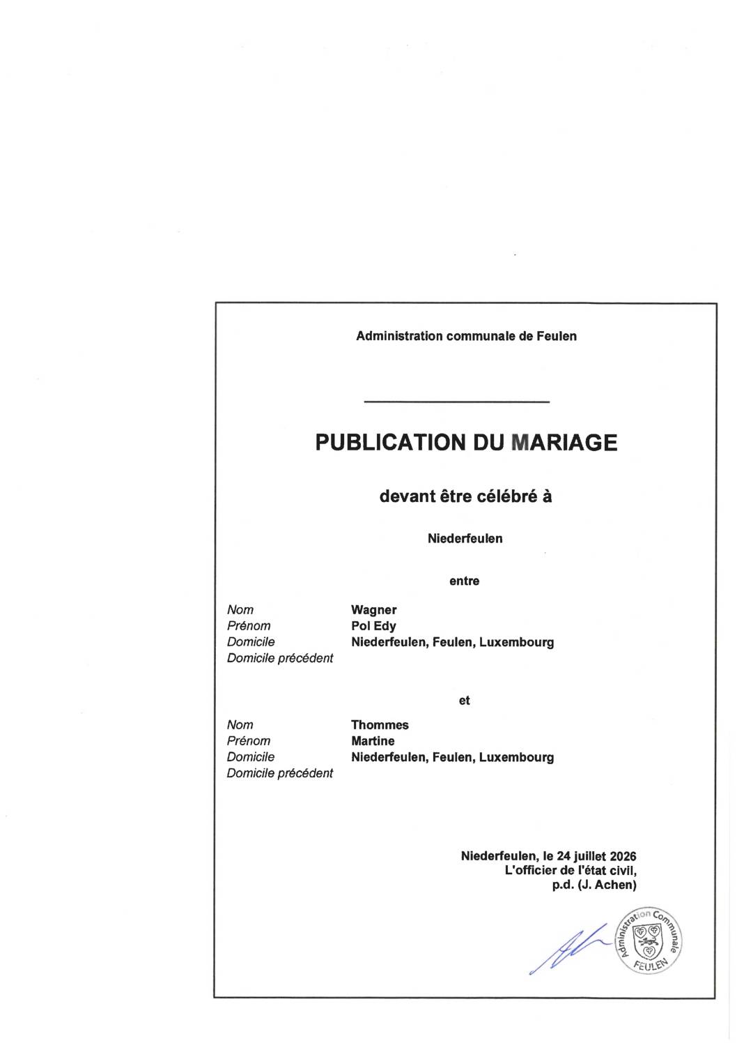 Publication du Mariage