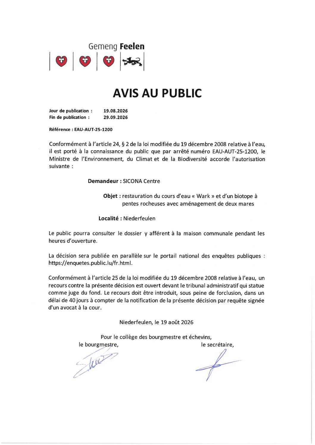 Avis au public – Autorisation EAU-AUT-25-1200