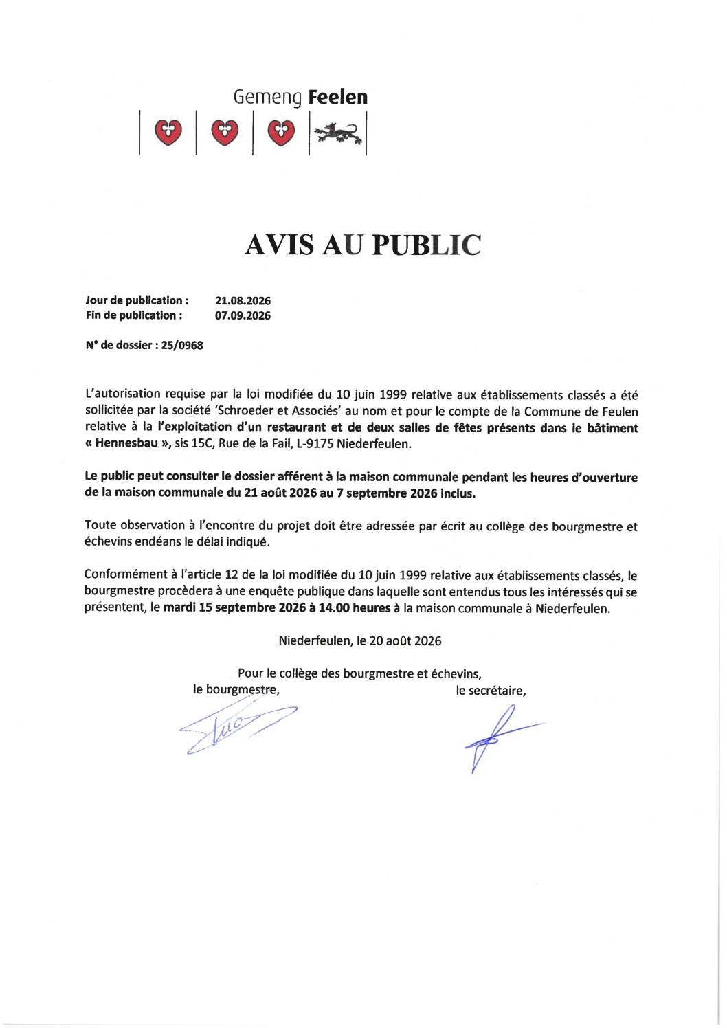 Avis au public – Demande d’autorisation pour l&rsquo;exploitation d&rsquo;un restaurant et de deux salles de fêtes présents dans le bâtiment « Hennesbau »