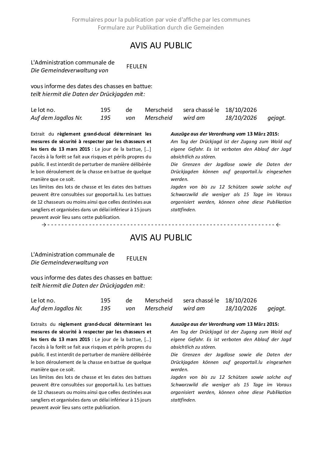 Avis au public – Chasse en battue le 18.10.2026 sur le lot 195