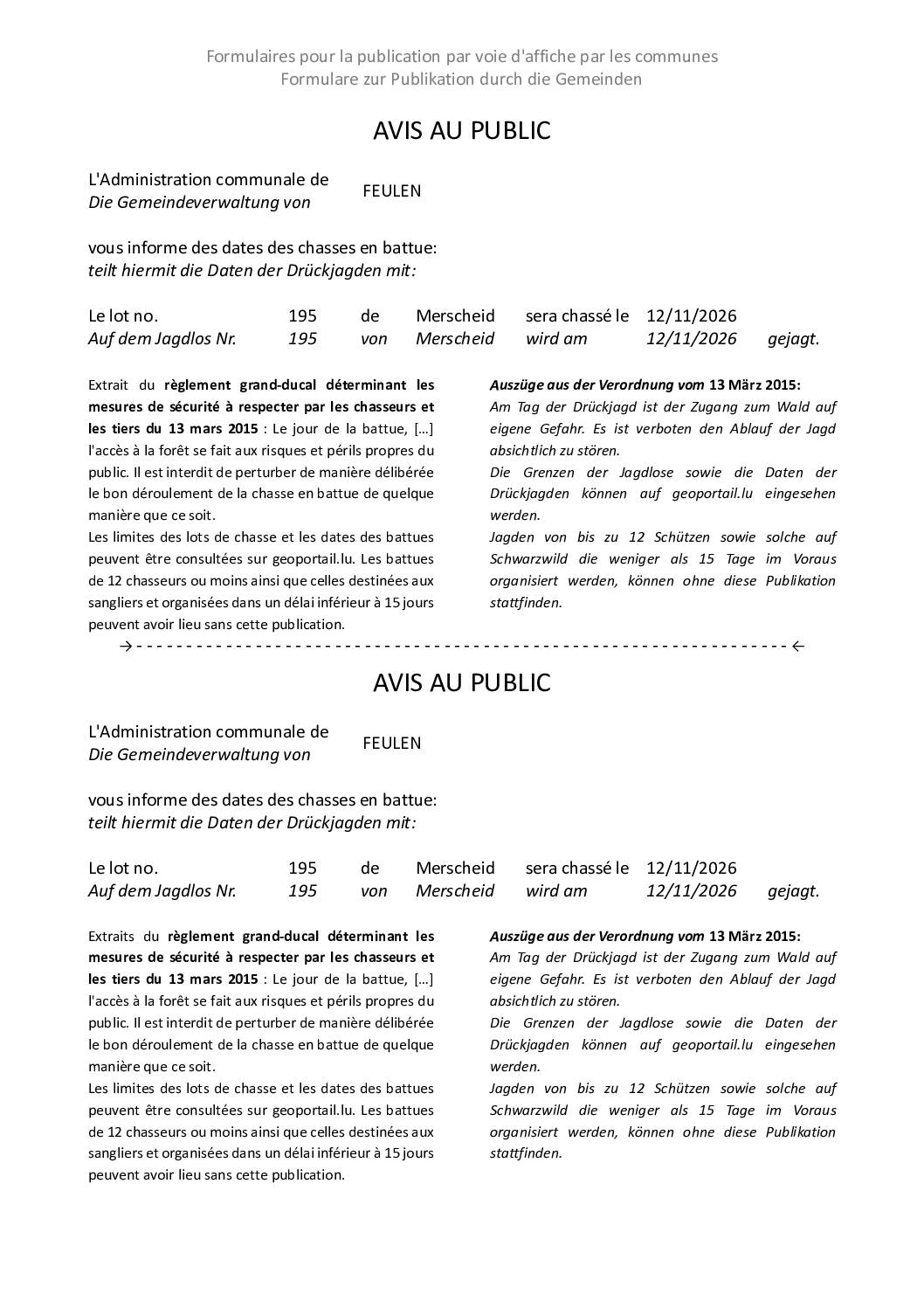 Avis au public – Chasse en battue le 12.11.2026 sur le lot 195