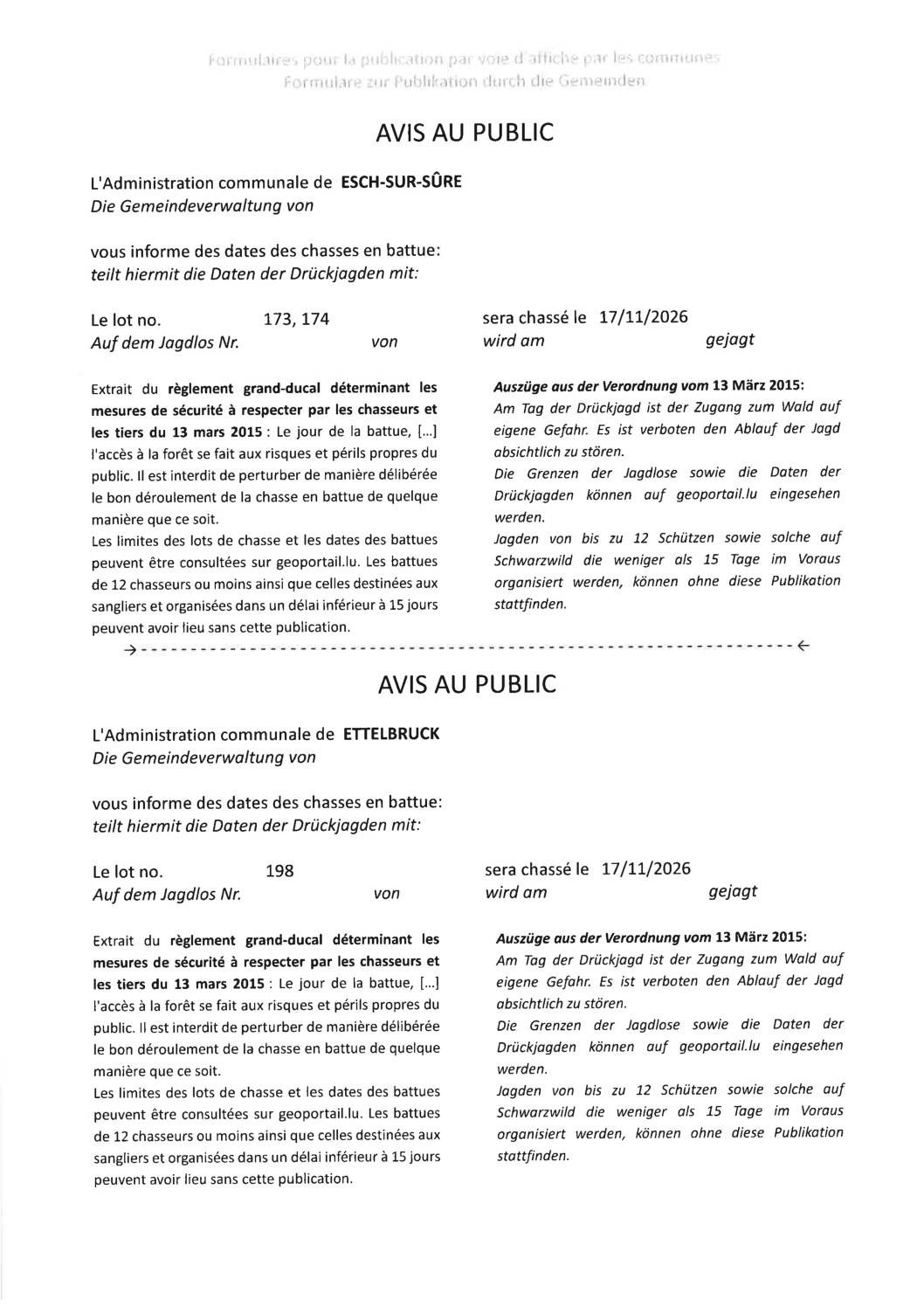 Avis au public – Chasse en battue le 17.11.206 sur les lots. 173, 174, 196, 197, 198