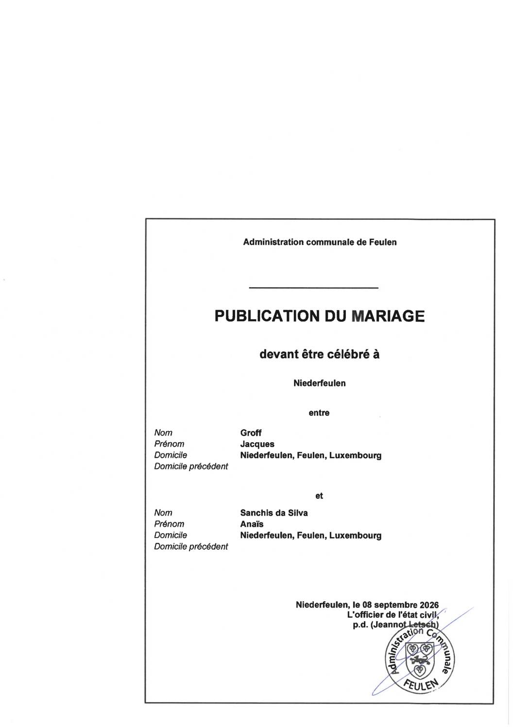 Publication du mariage Groff – Sanchis da Silva