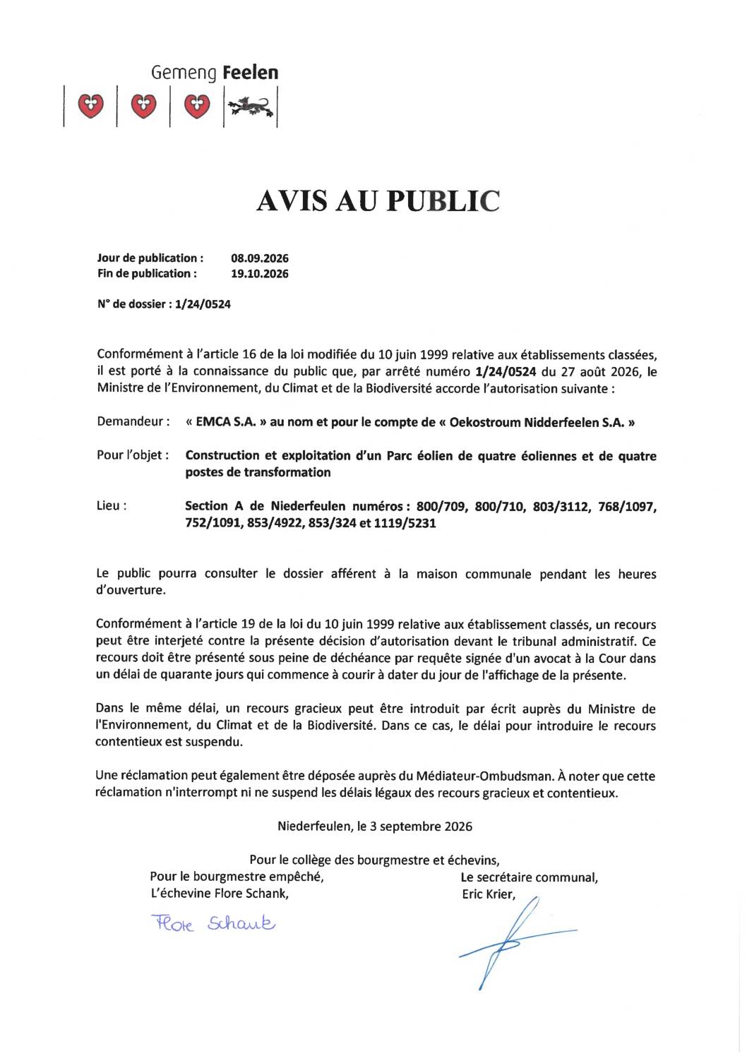 Avis au public – Autorisation concernant la construction et l&rsquo;exploitation d&rsquo;un Parc éolien à Niederfeulen – 1/24/0524