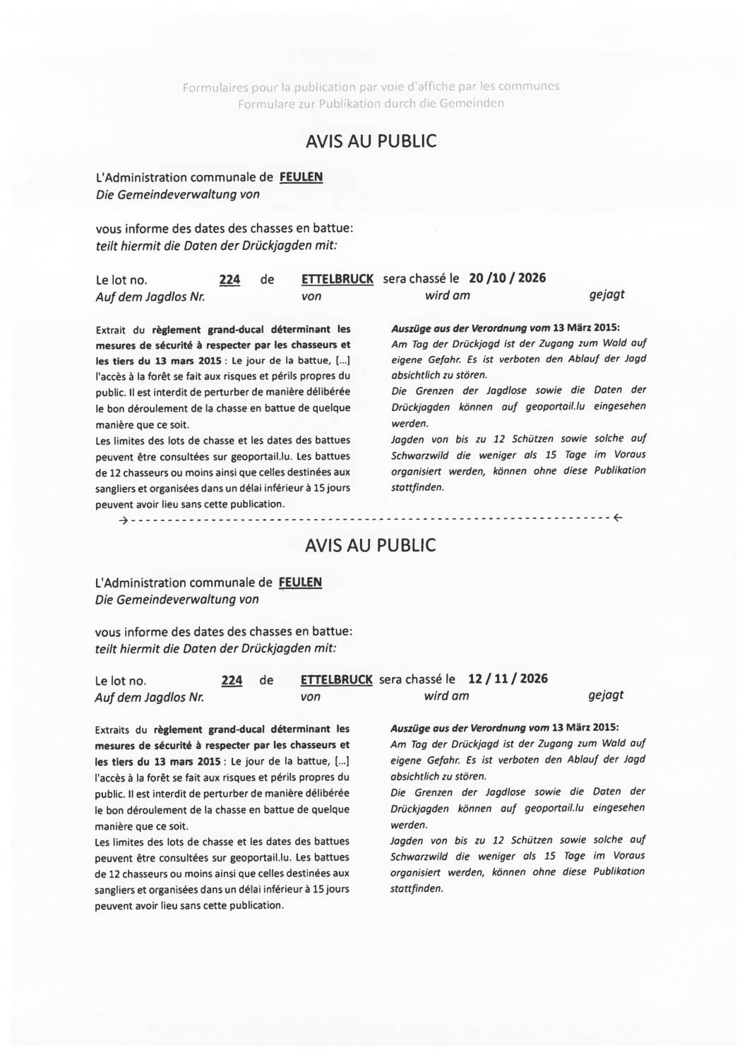 Avis au public – Chasse en battue le 20.10.2026 sur le lot 224
