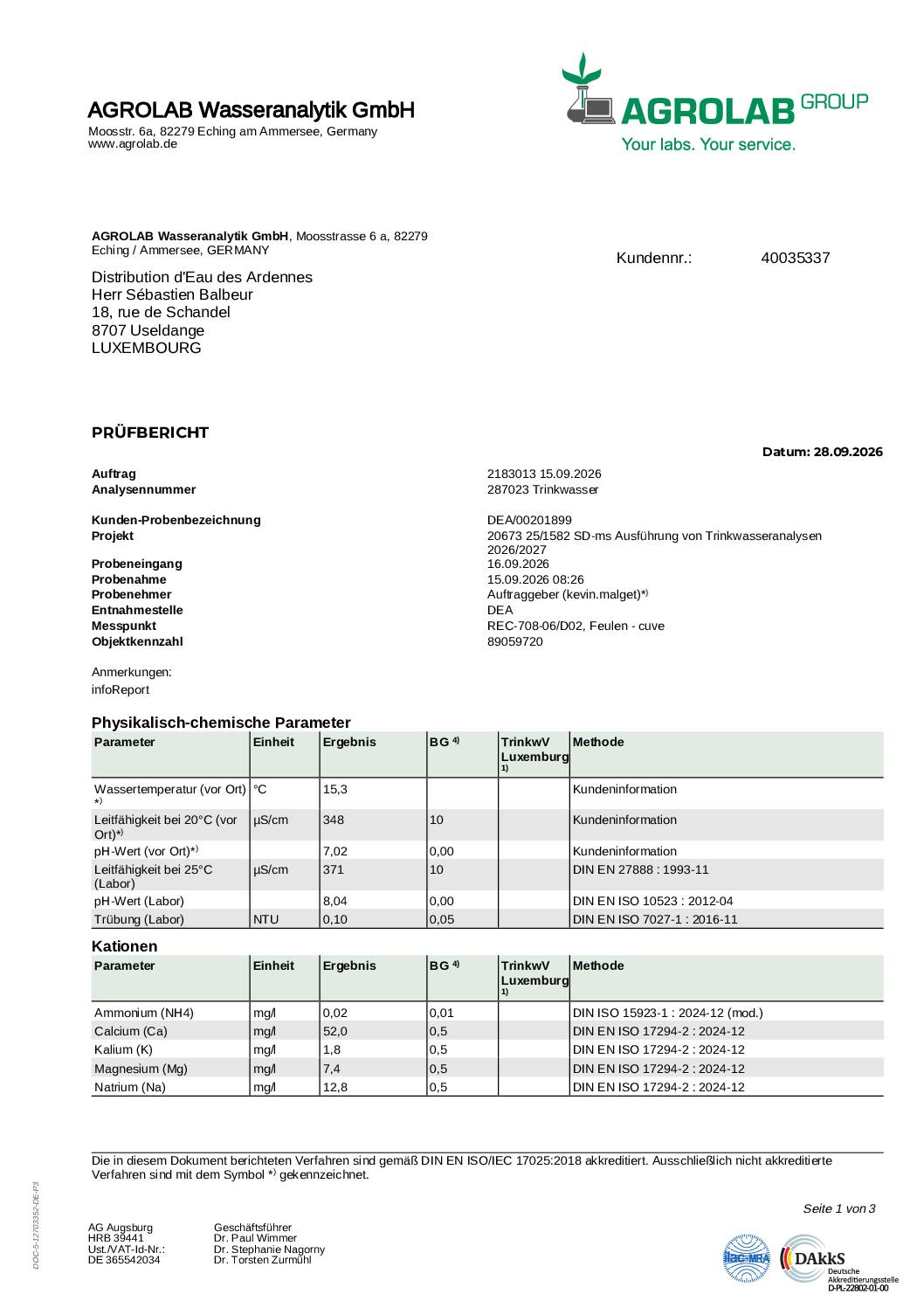 Analyse d&rsquo;eau – Cuve – 15.09.2026