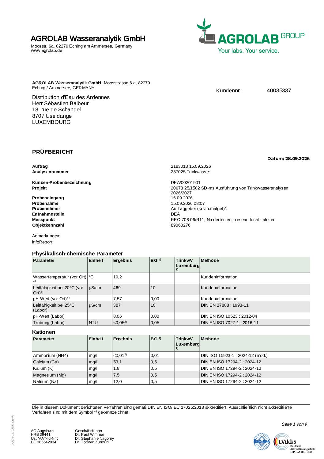 Analyse d&rsquo;eau – Atelier communal – 15.09.2026