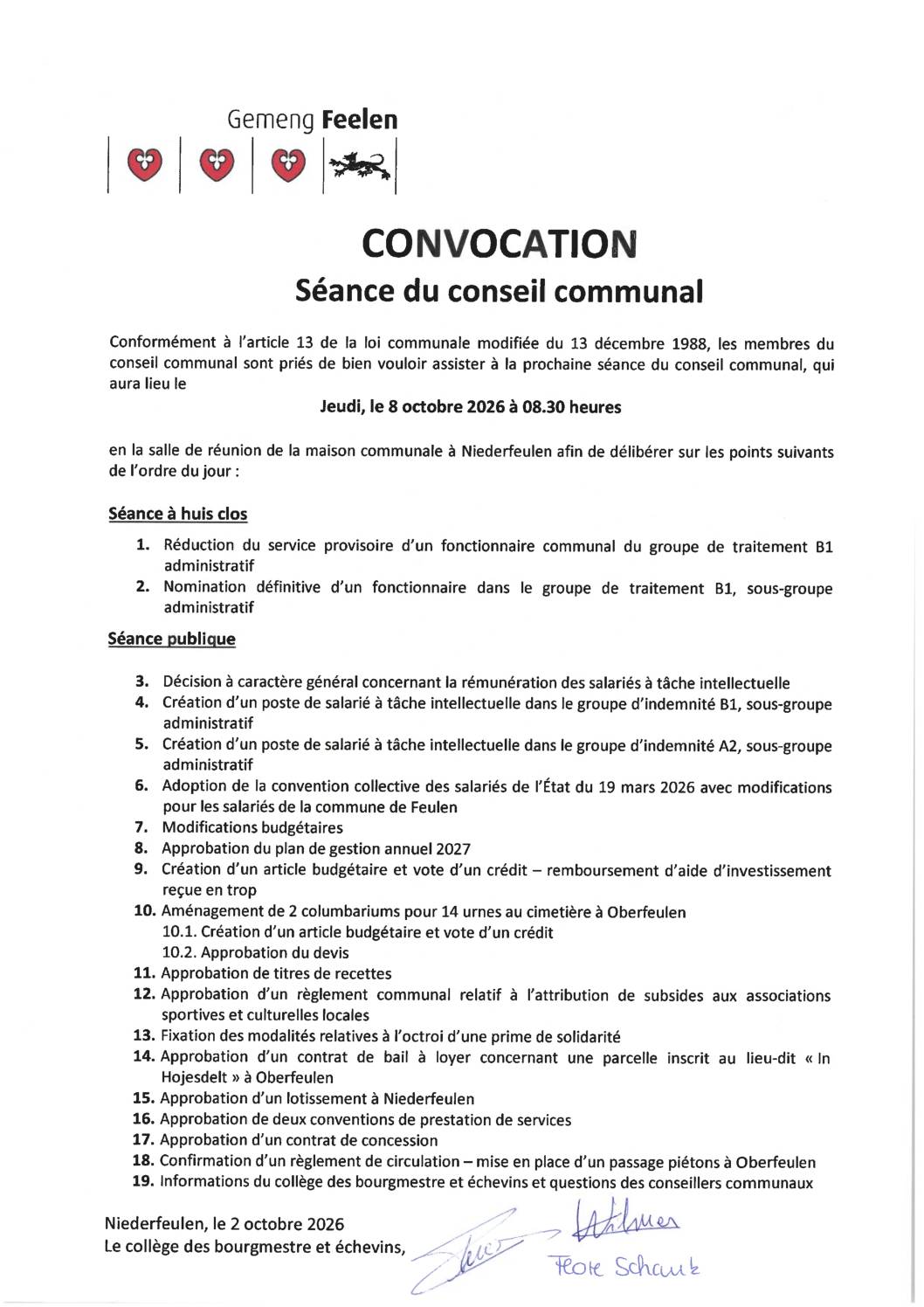 Convocation du conseil communal le 8 octobre 2026