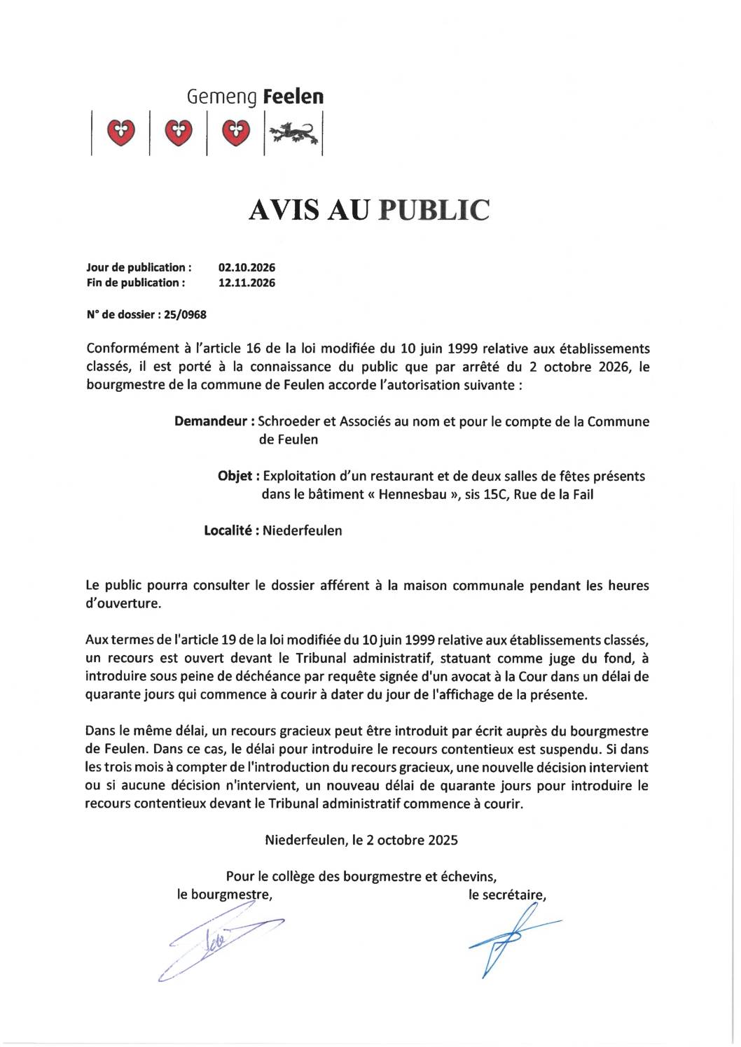 Commodo Incommodo – Autorisation d&rsquo;exploitation d&rsquo;un restaurant et de deux salles de fêtes présents dans le bâtiment « Hennesbau »