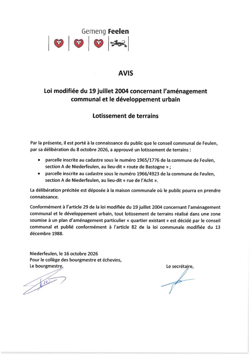 Avis au public – Lotissement de terrains