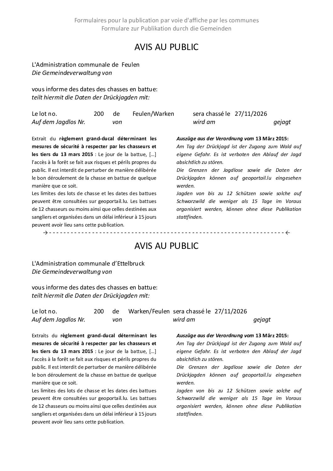 Avis au public – Chasse en battue le 27.11.2026 sur le lot 200