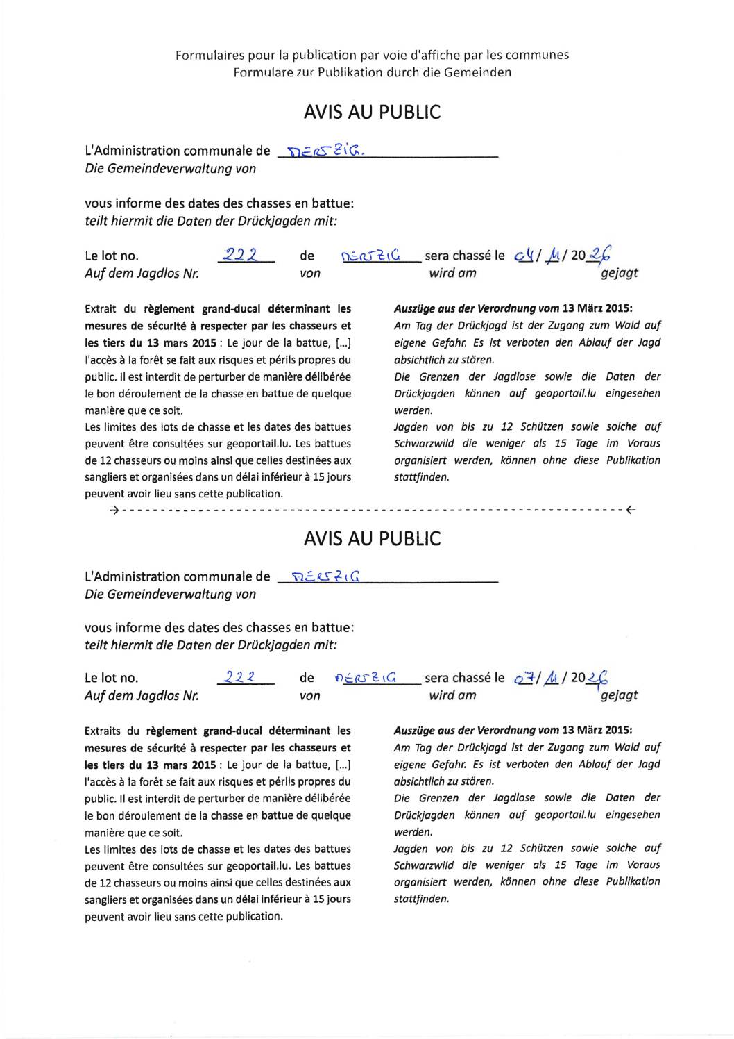 Avis au public – Chasses en battue à Mertzig (Lot 222)
